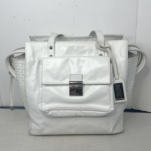 Badgley Mischka Helena Raffia Shine Smooth Leather Tote,, Style 952199